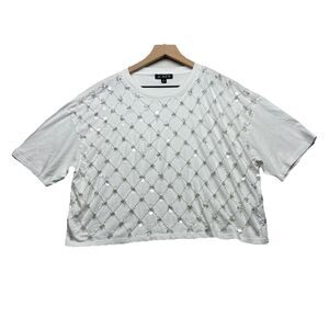 NWOT J. Crew Embellished Beaded Lattice Crop T-Shirt White Cotton Size L Sparkle